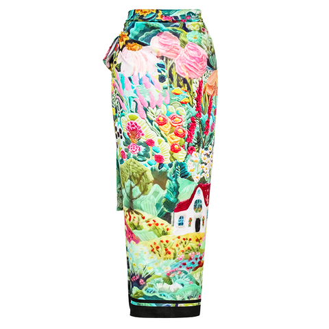 V Neck Bow-tie Oil Painting Print One Piece Swimsuit and sarong