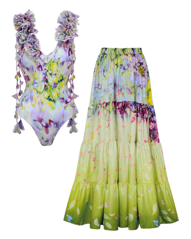 Gradient Flowers Printed One Piece Swimsuit and Skirt