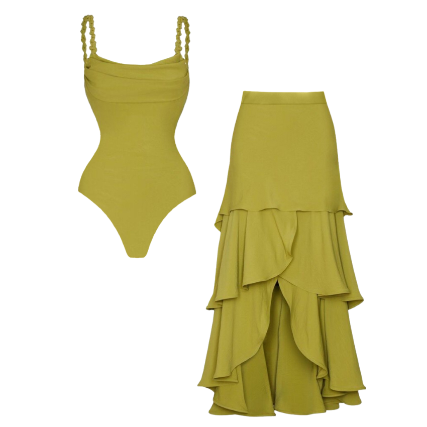 Yellow Green Solid Color Weave Swimsuit Set(s)	