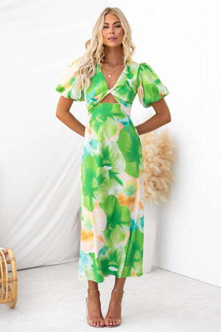 Puff Sleeve Cutout Blossom Printed Dress