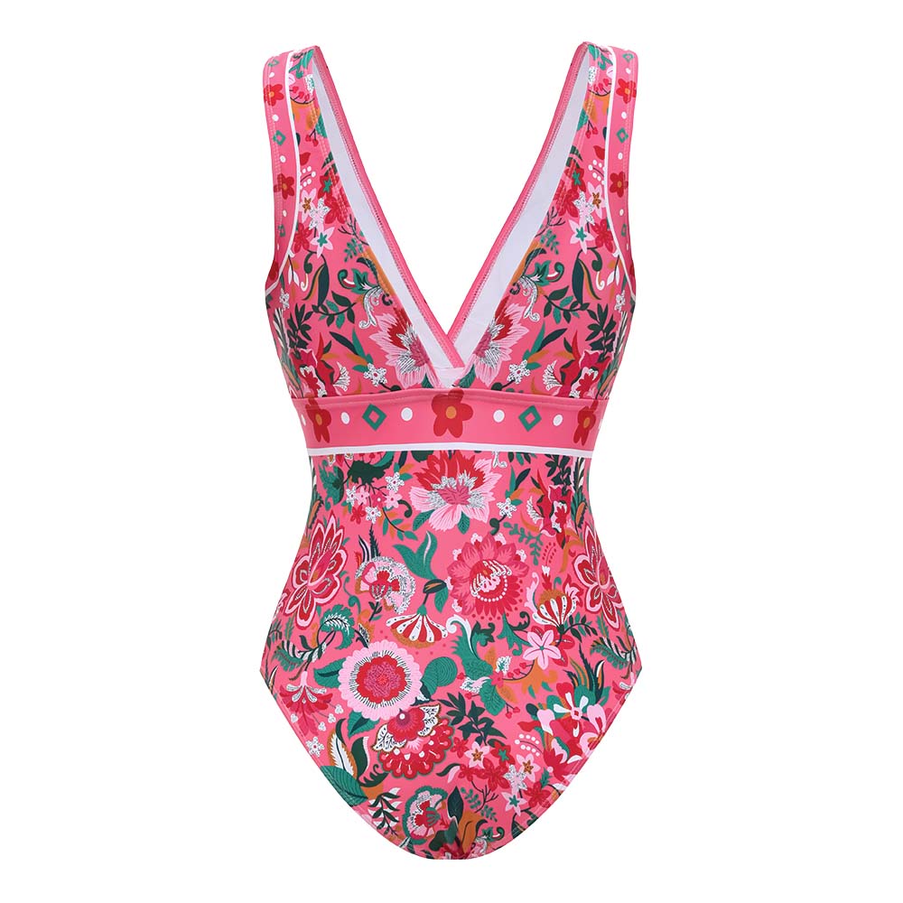 Pink Floral Paradise Print V-neck One Piece Swimsuit and Skirt	