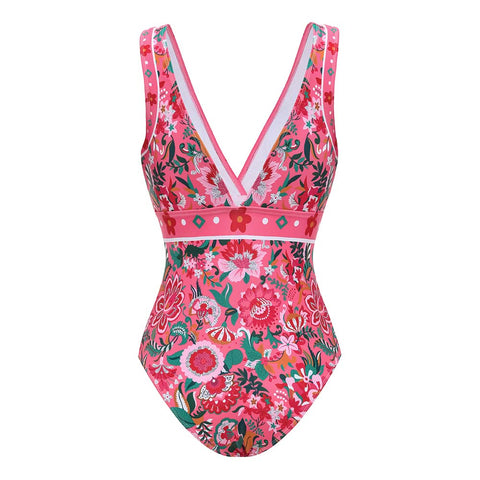 Pink Floral Paradise Print V-neck One Piece Swimsuit and Skirt	