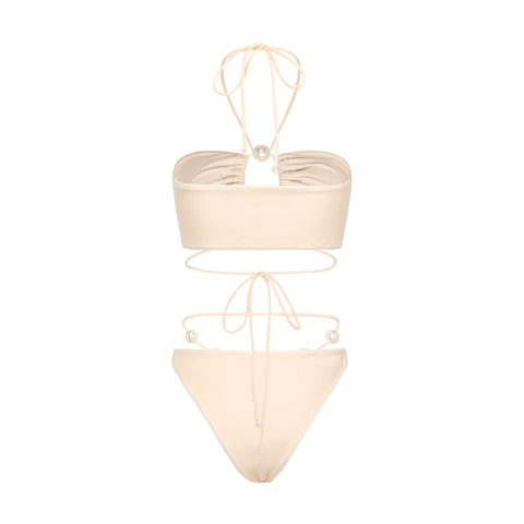 Pearl Detail Halter Lace Up Bikini Swimsuit and Sarong Flaxmaker	