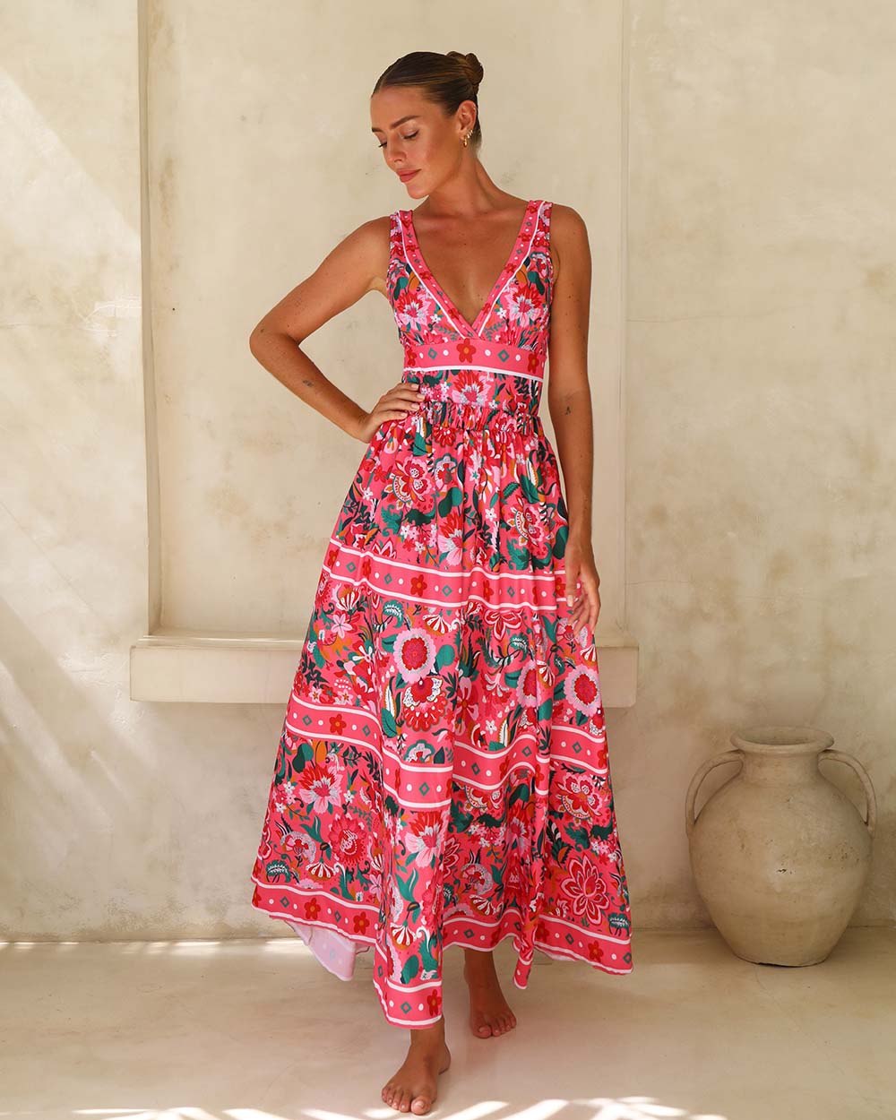 Pink Floral Paradise Print V-neck One Piece Swimsuit and Skirt	