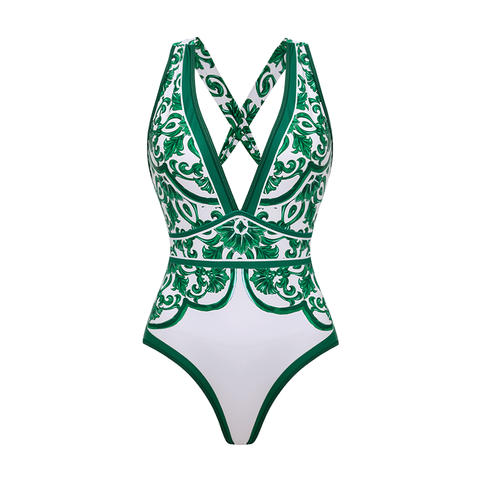 V Neck Classic Majolica Series Pattern Print One Piece Swimsuit and Pants or Skirt	