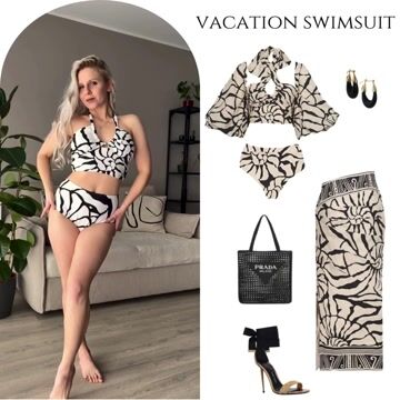 Detachable Puff Sleeves Printed High Waist Bikini Swimsuit and Skirt