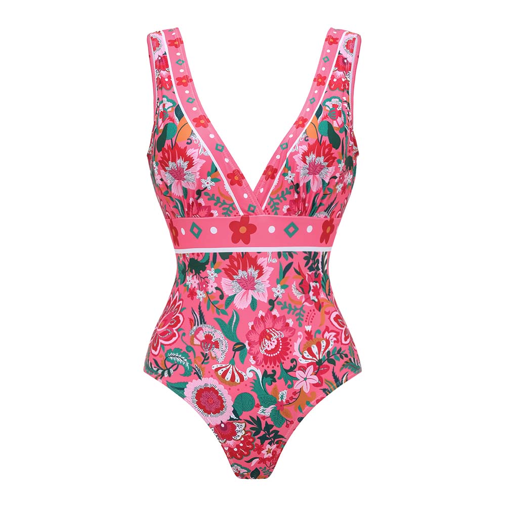 Pink Floral Paradise Print V-neck One Piece Swimsuit and Skirt	
