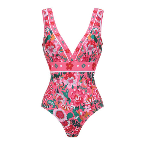 Pink Floral Paradise Print V-neck One Piece Swimsuit and Skirt	