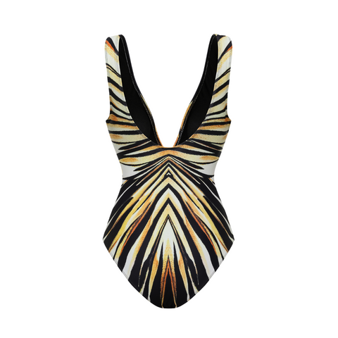 V-neck Tiger Stripe Print One Piece Swimsuit and Skirt	