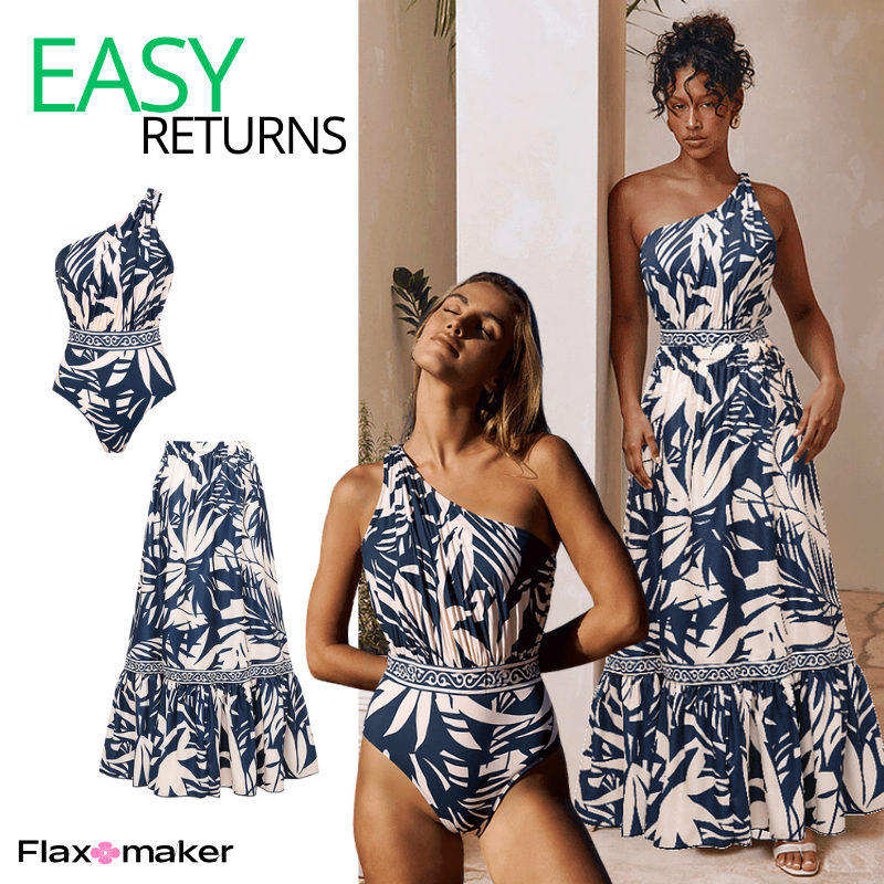 One SHoulder Leaves Print One Piece Swimsuit and Pants	