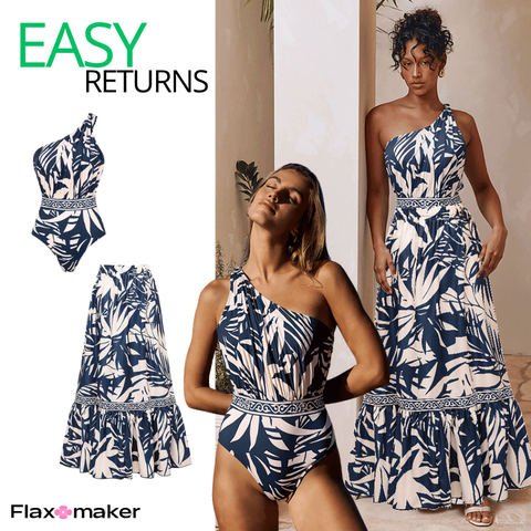 One SHoulder Leaves Print One Piece Swimsuit and Pants	