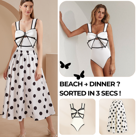 Bow Front Cutout Black and White One Piece Swimsuit and Skirt