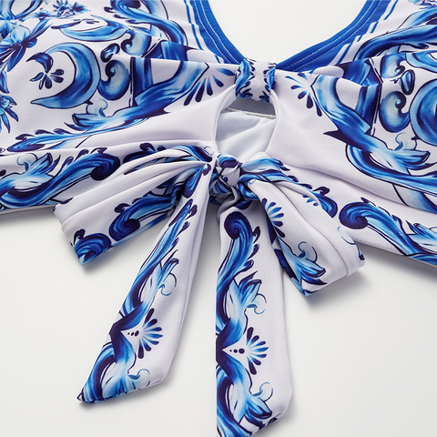 Ruffle V Neck Blue Majolica Print High Waist Bikini Swimsuit and Skirt or Pants