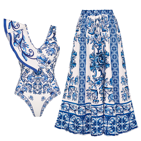 Ruffle V Neck Blue and White Porcelain Majolica Pattern Print One Piece Swimsuit and Skirt or Sarong	