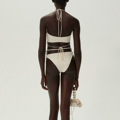 Pearl Detail Halter Lace Up Bikini Swimsuit and Sarong Flaxmaker	