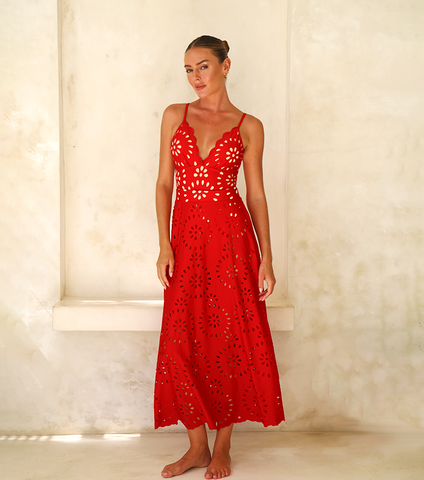 Red Laser Cutting Flower Hollow One Piece Swimsuit and Skirt
