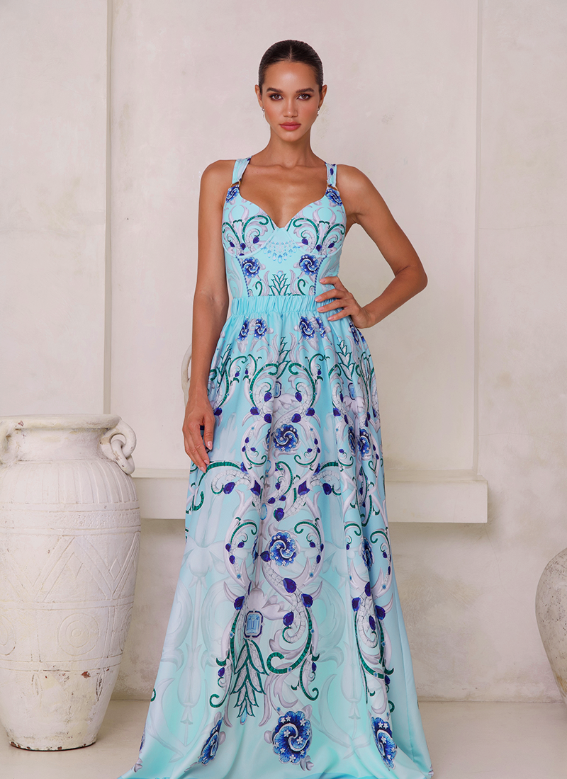 Sling Blue Jewelry Series Pattern Print One Piece Swimsuit and Skirt or Sarong	