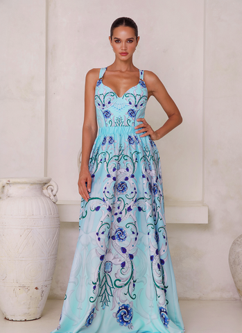 Sling Blue Jewelry Series Pattern Print One Piece Swimsuit and Skirt or Sarong	