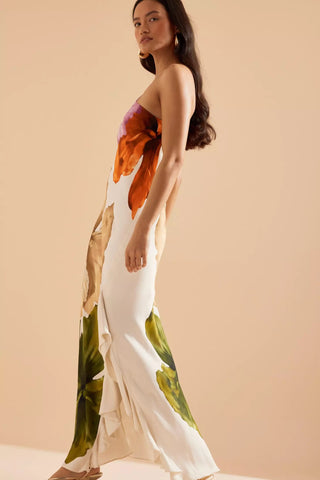 Oblique Shoulder Blossom Print Dress