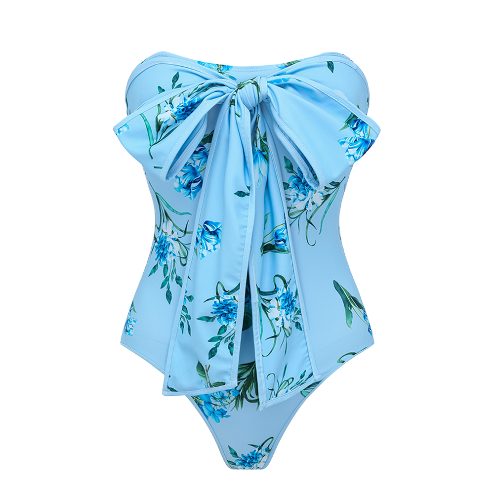 Two Ways Bowknot Floral Printed One Piece Swimsuit and Skirt	
