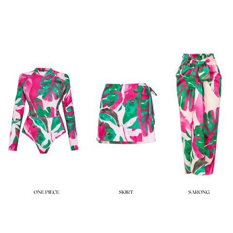 Abstract Rose Red Contrast Print Long sleeve One Piece Swimsuit and Skirt	
