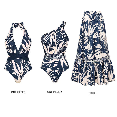 One SHoulder Leaves Print One Piece Swimsuit and Pants	