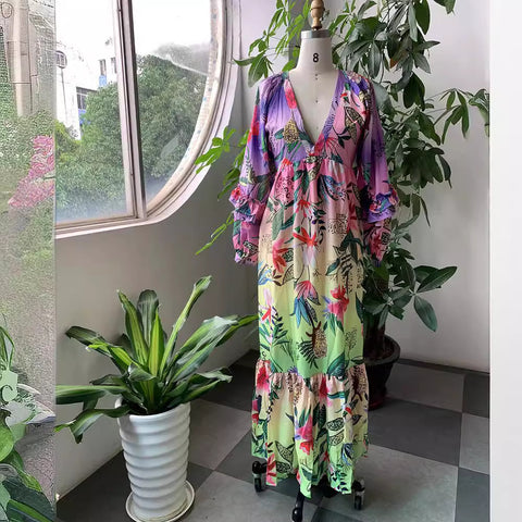Ruffle V Neck Blossom Printed Dress