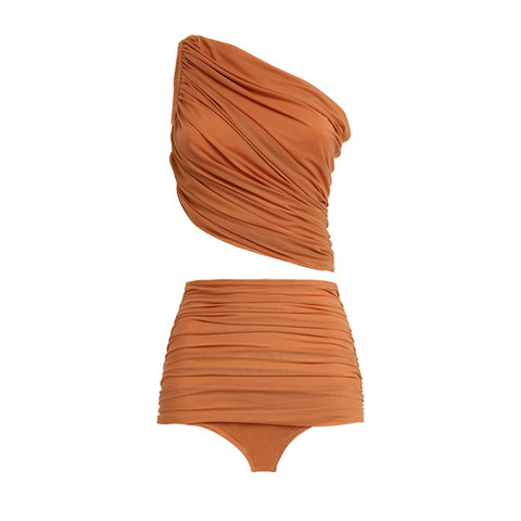 One Shoulder Ruched Rust High Waist Bikini Swimsuit and sarong