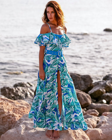 Off Shoulder Ruffled Tropical Print One Piece Swimsuit and Skirt