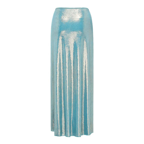 Blue Shiny Beaded Flowers Deep V-neck One Piece Swimsuit and Split Skirt