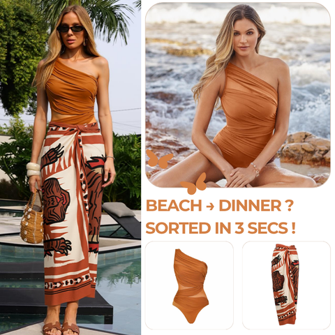 One Shoulder Ruched Rust See Through One Piece Swimsuit and sarong