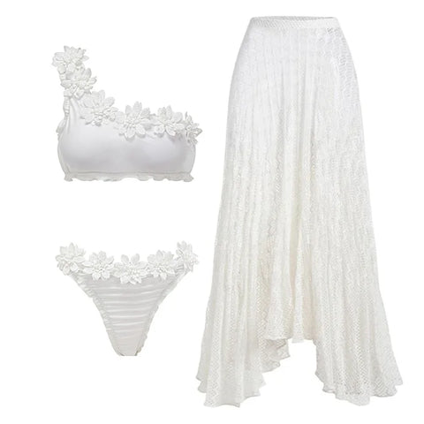 3D Flower One Shoulder White Bikini Swimsuit and Skirt Flaxmaker	