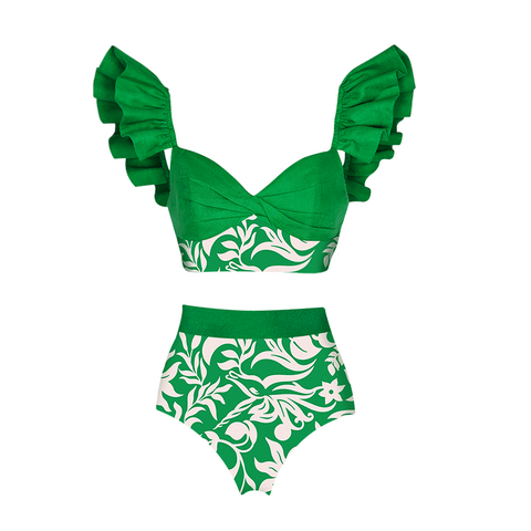 Ruffle Green Bikini Swimsuit and Sarong