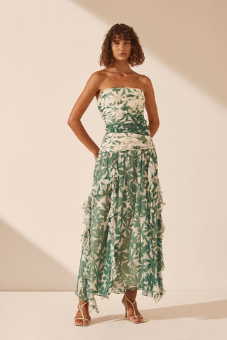 Bandeau Ruffle Printed Dress