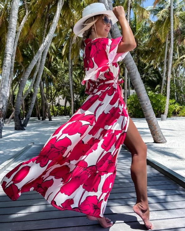 Blossom Printed Lace Up Beach Dress