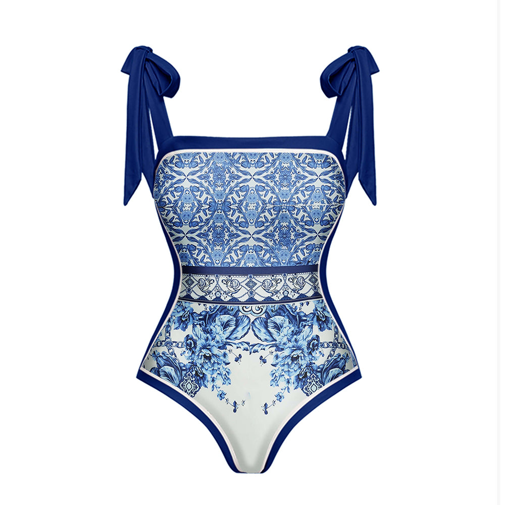 Blue and White Porcelain One Piece Swimsuit and Skirt	