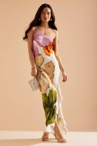 Oblique Shoulder Blossom Print Dress