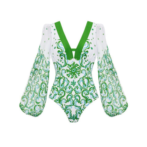 V Neck Printed Rashguard Swimsuit Set(s)	
