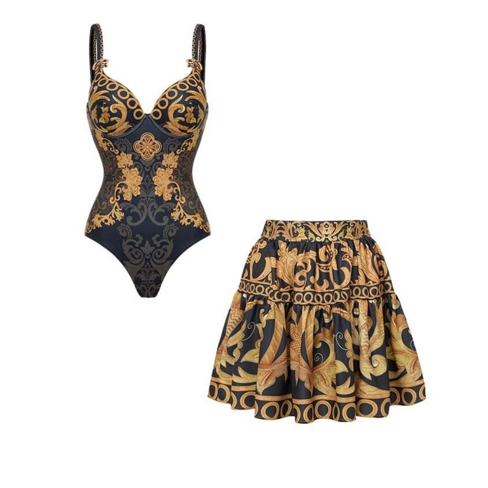 Sling Gold Embroidery Decor One Piece Swimsuit and Skirt	