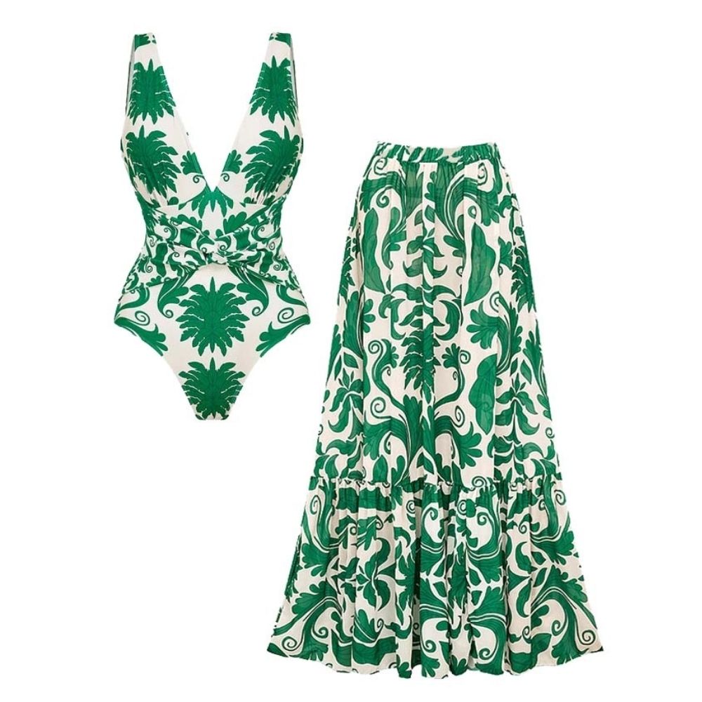 V Neck Green Printed Knotted at Waist Tummy Control One piece Swimsuit and Skirts or Pants	