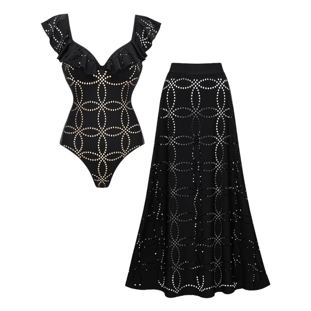 Underwired Black Ruffle Laser Cutting Flower One Piece Swimsuit and Skirt	