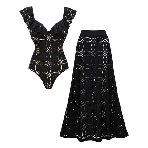 Underwired Black Ruffle Laser Cutting Flower One Piece Swimsuit and Skirt	