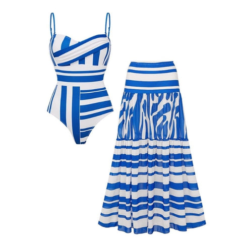 Sling Water Ripple Printed One Piece Swimsuit and Striped Skirt Flaxmaker	