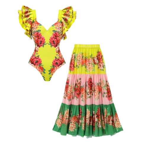 Ruffled Blooming Flower Print One Piece Swimsuit and Skirt