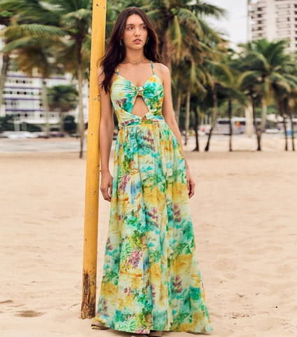 Landscape Prints Hollow One Piece Swimsuit and Skirt	