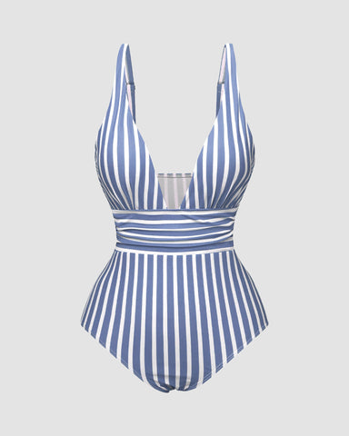 Striped Plunging Neck Bust Shaper One Piece Swimsuit