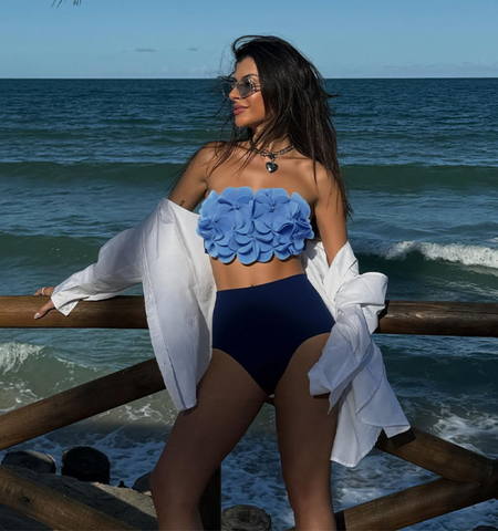 Bandeau 3D Flower  Bikini Swimsuit and Skirt	