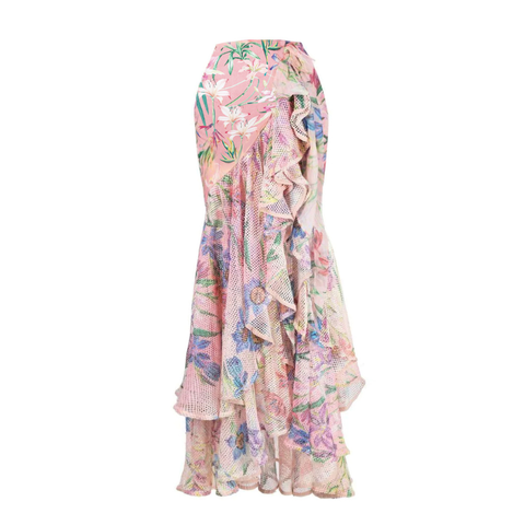 V Neck Floral Print One Piece Swimsuit and Mesh Splicing Skirt