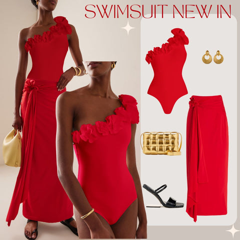 One Shoulder 3D Flower Red Solid Color One Piece Swimsuit and Skirt