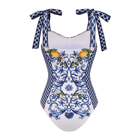 Bowknot Shoulder Lemon Printed Swimsuit Set(s)	
